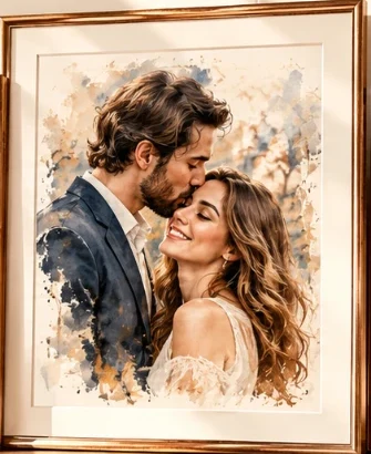 Watercolor portrait of a couple embracing in a copper frame
