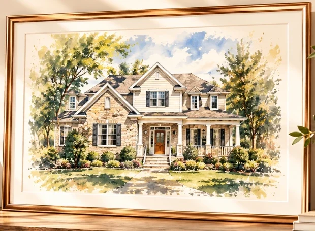 Watercolor painting of a stone family house in a copper frame